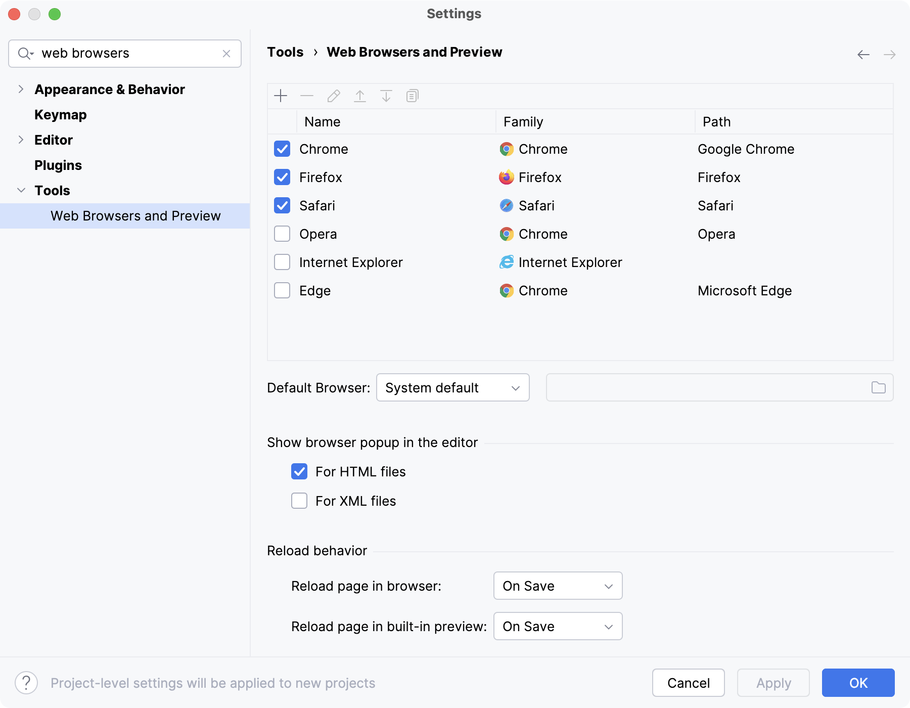 The Web Browsers page in Settings The Web Browsers page in Settings
