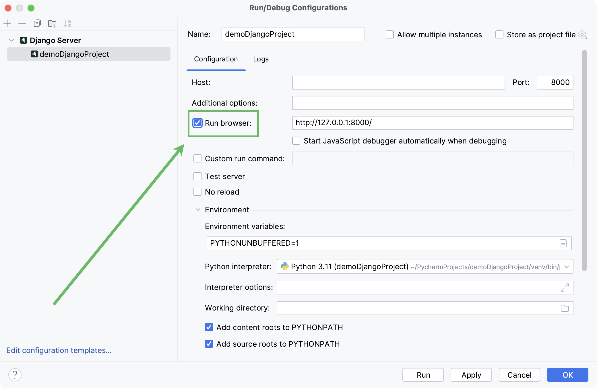 Run/Debug configuration for a Django server Run/Debug configuration for a Django server