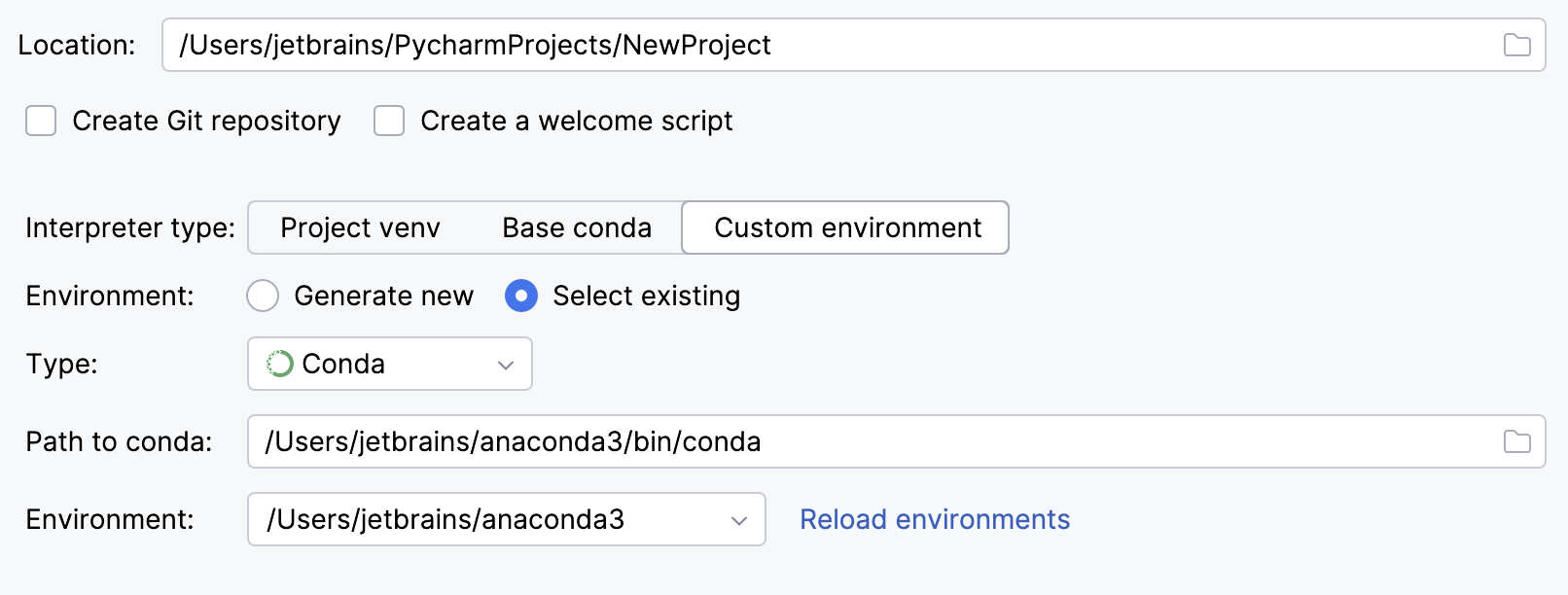 Selecting an existing conda interpreter for a new project