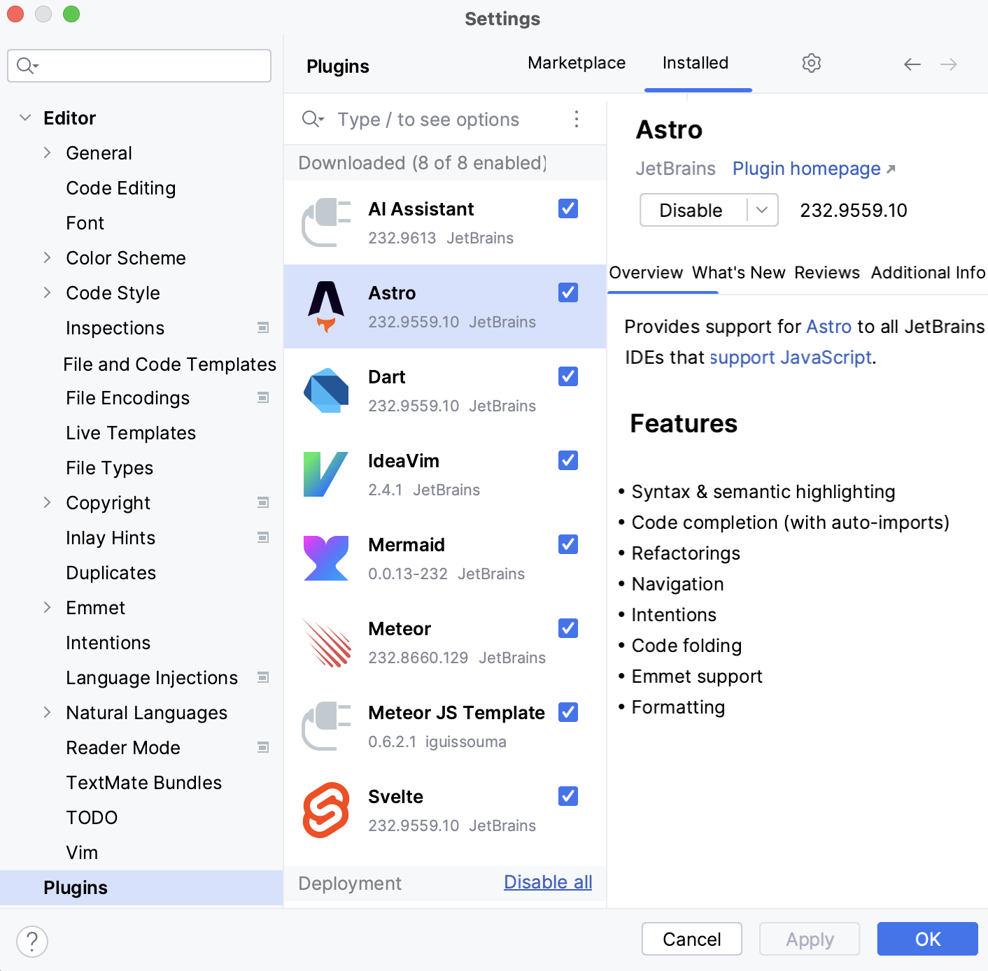 The Plugins settings dialog The Plugins settings dialog